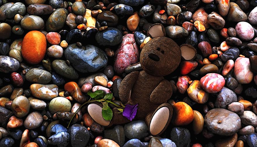 knuffelbeer, teddy, stenen, solo, enkel en alleen, zittend