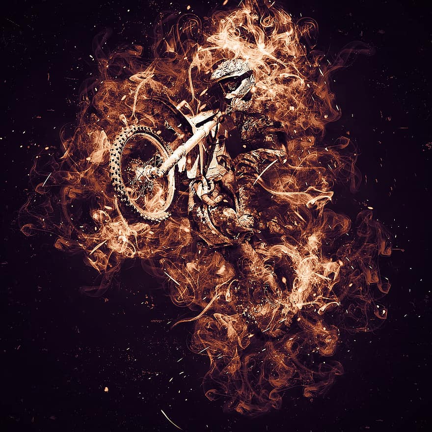велосипед, спортивный, мотоцикл, велосипедист, верховая езда, пламя, Пожар, естественное явление, скорость, сжигание, высокая температура