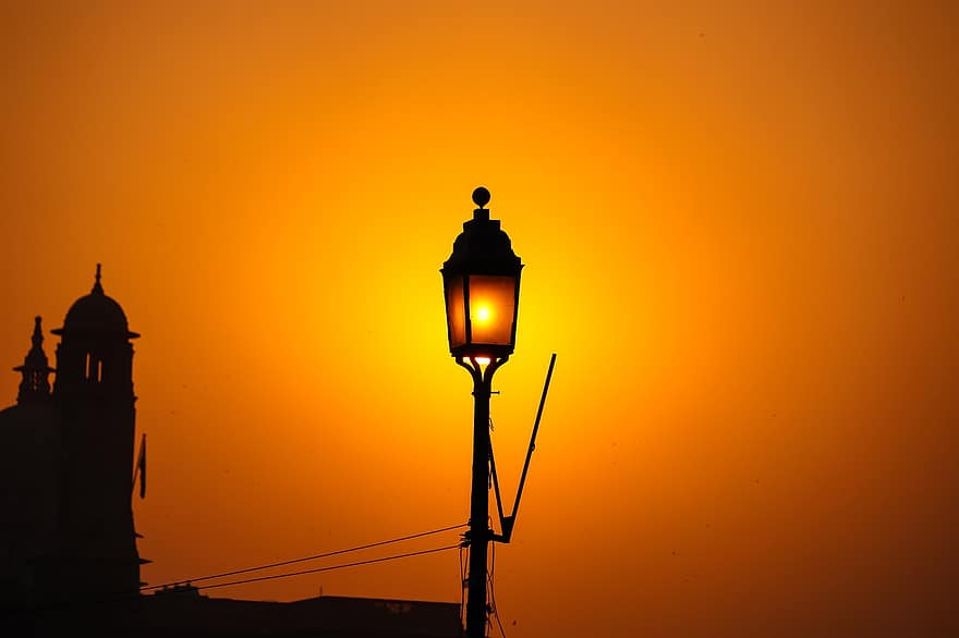 Delhi, zonsondergang, lantarenpaal, architectuur, Indië