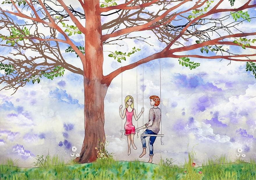 Tree, Swing, Sweethearts, Love, Sky, Branch, Couple, Paradise, Garden, Nature, Courtship