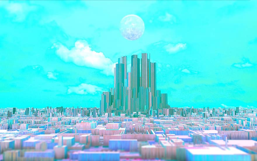 miestas, futuristinis, sci-fi, spalvinga, neonas, pastelė, panorama, grafinis, 3d, padaryti