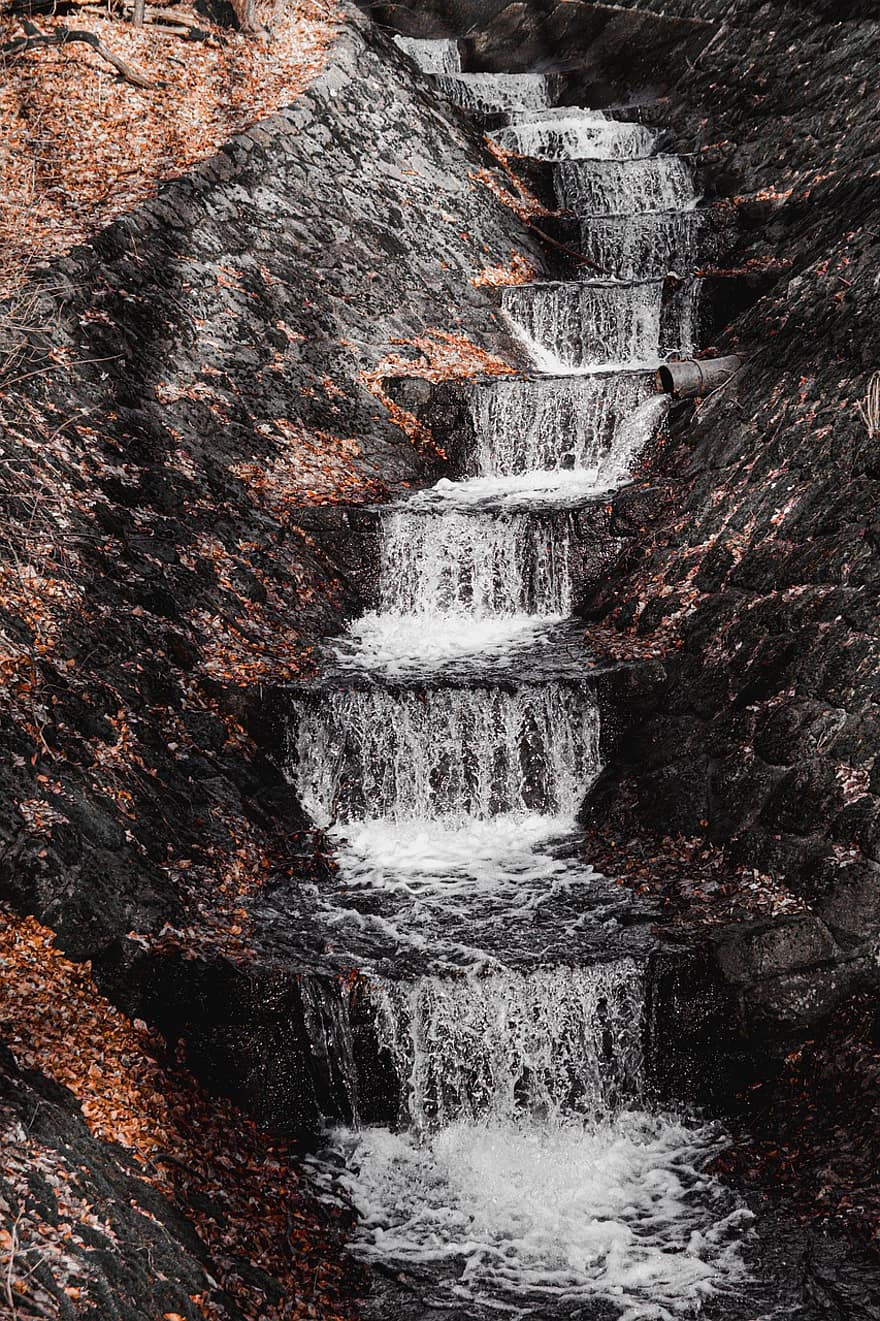naturaleza, checo, agua, cascada, escalera, pasos, antiguo, ilustración, mojado, fluido, rock