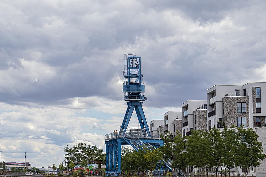 Offenbach am Meer, Hafen, Hafeninsel, blauer Kran, die Architektur, Kran, Gebäude, Himmel, Blau, Stadt, Metall