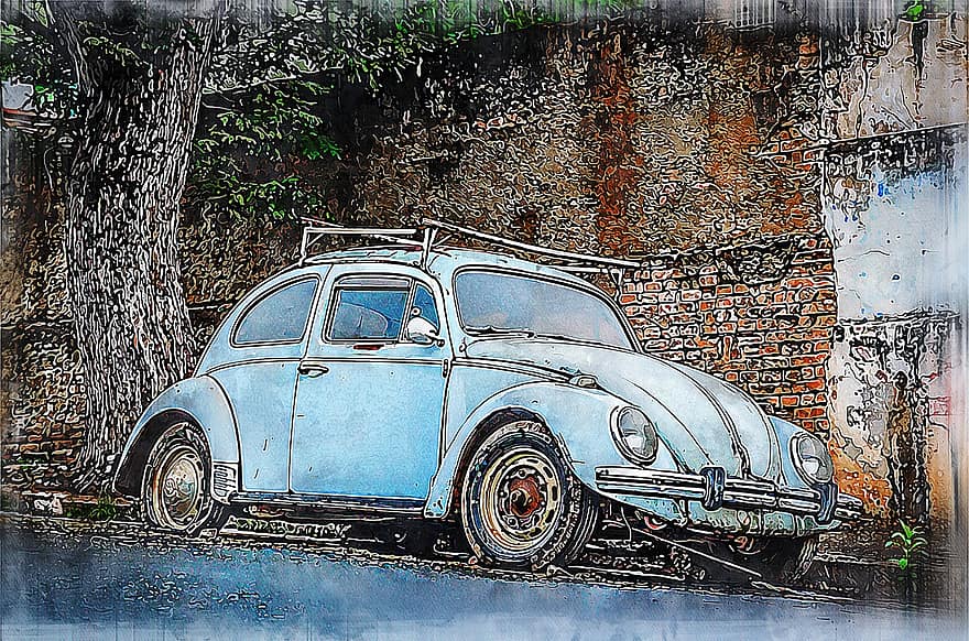 scarabée, voiture, automobile, véhicule, Volkswagen, vw, vieux, transport, nostalgie, mur, brique