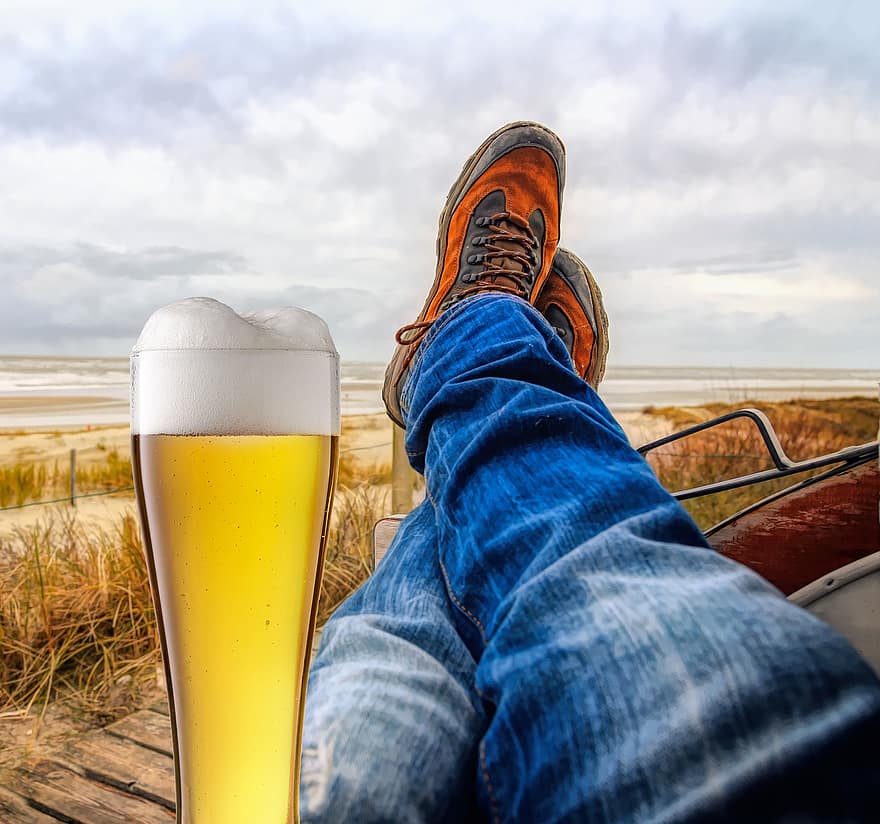bier, strand, persoon, drinken, ontspannend, rust uit, landschap, alcohol