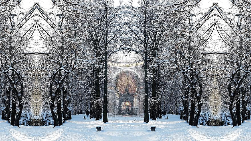 деревья, парк, храм, архитектура, снег