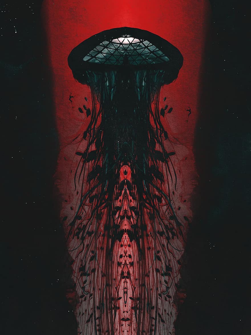 Abstract, Jellyfish, Space, Red, Atmosphere, Fantasy, Future, Astronaut, Ufo, Surreal