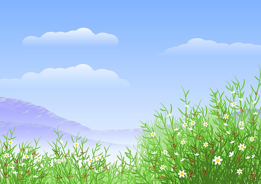 Nature, Meadow, Outdoors, Background, Environment, Flowers, Plants, Field, Mountain, Sky, Clouds