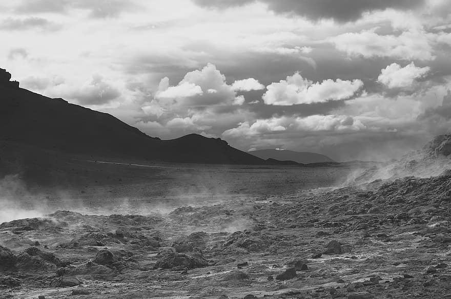 вулкан, пара, геотермална, планини, енергия, природа, пейзаж, облаци, Исландия, монохромен, извънземно