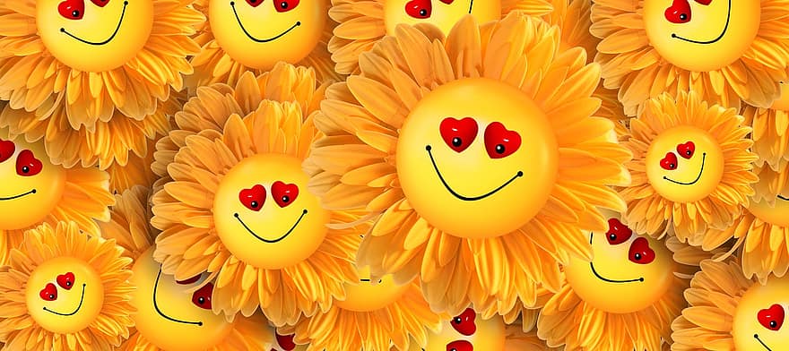 ยิ้ม, ความปิติยินดี, หัวใจ, ความรัก, ดอกไม้, สีเหลือง, ดอก, เบ่งบาน, จำนวนมาก, อีโมติคอน, ตลก
