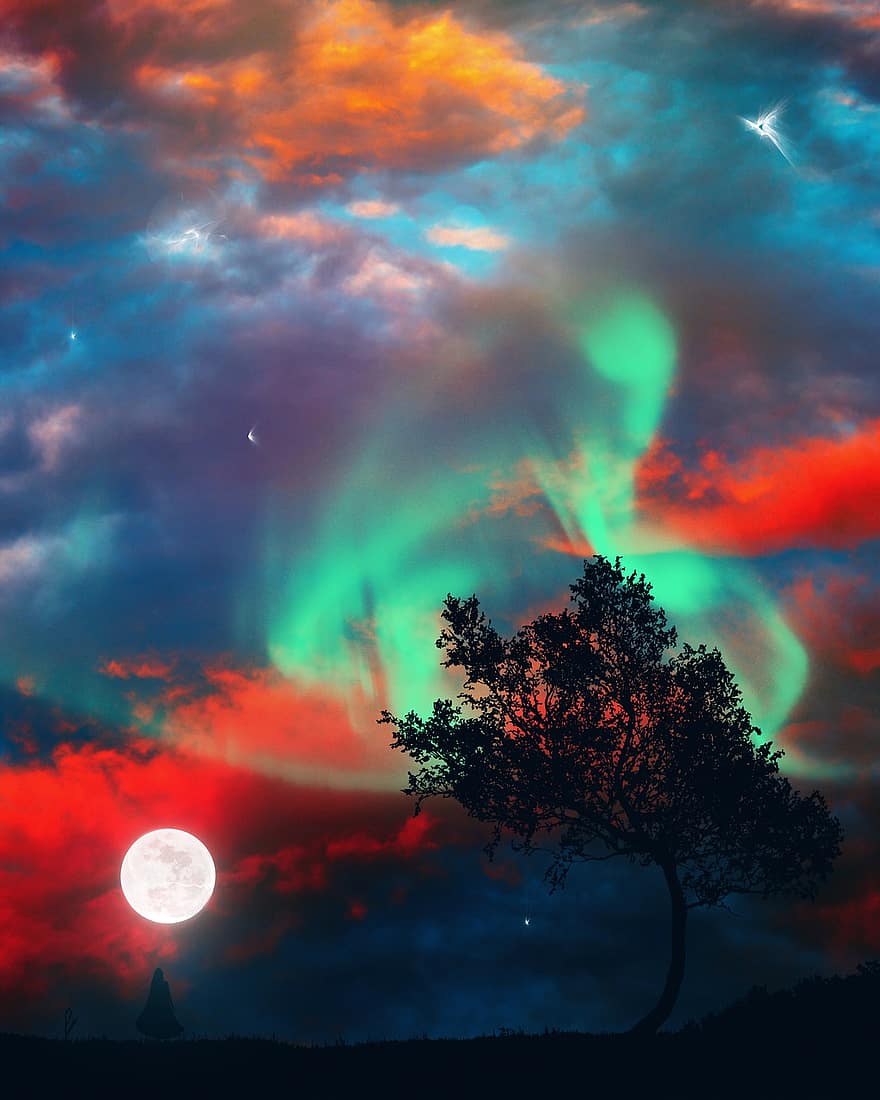surrealista, composició, silueta, art digital, Pixabay original, tapa de llibre, paisatge, arbre, cel, llum, brillantor