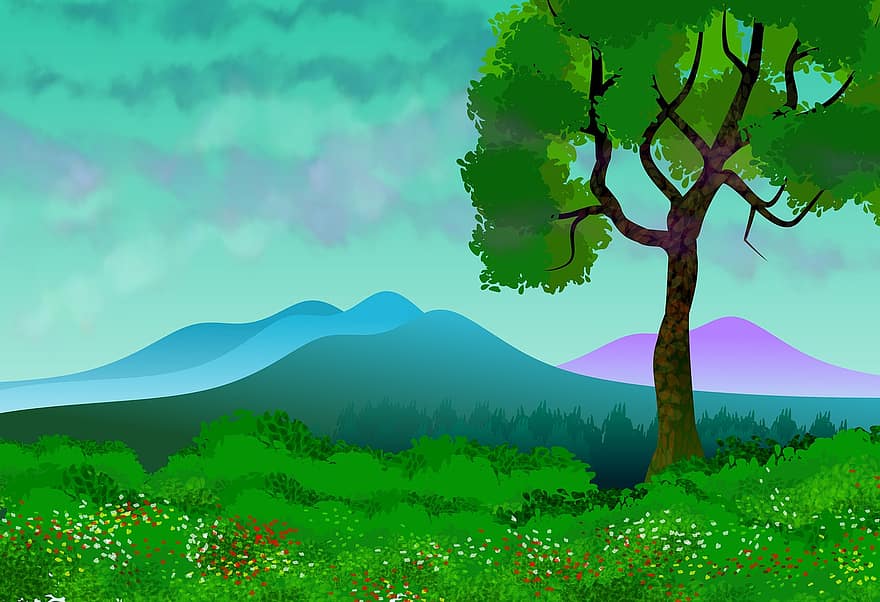 peisaj, ilustrare, natură, copac, munţi, plante, verde, albastru, cer, nori, Verdura