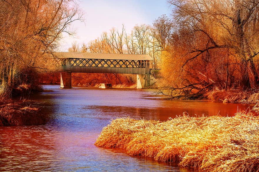 ढका हुआ पुल, नदी, पेड़, सूर्य का अस्त होना, वन, पानी, पुल, वुड्स, प्रकृति, रोटी