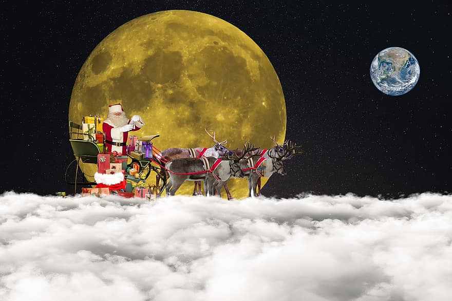 Коледа, Дядо Коледа, коледен мотив, Николас, Северен елен, пързалка, земя, луна, облак, пътуване, Коледен поздрав