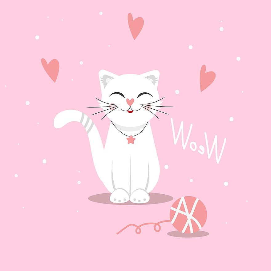 кішка, домашня тварина, мультфільм, тварина, білий кіт, рожевий фон, серця, нитка, вітчизняний, котячих