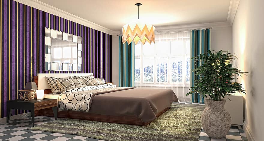 miegamasis, interjero dizainas, 3d pateiktas, 3D atvaizdavimas, kambarys, kambario interjeras, miegamojo interjeras, apdaila, dekoro, baldai, stilingas