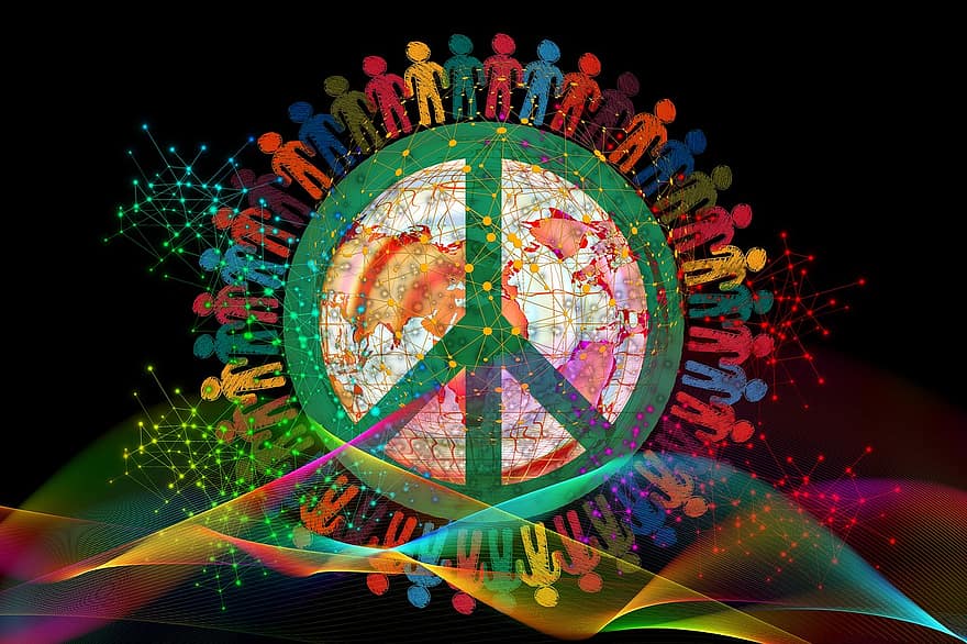 paz, paloma, humanidad, siluetas, globo, tierra, mundo, grupo, población, juntos, colaboración
