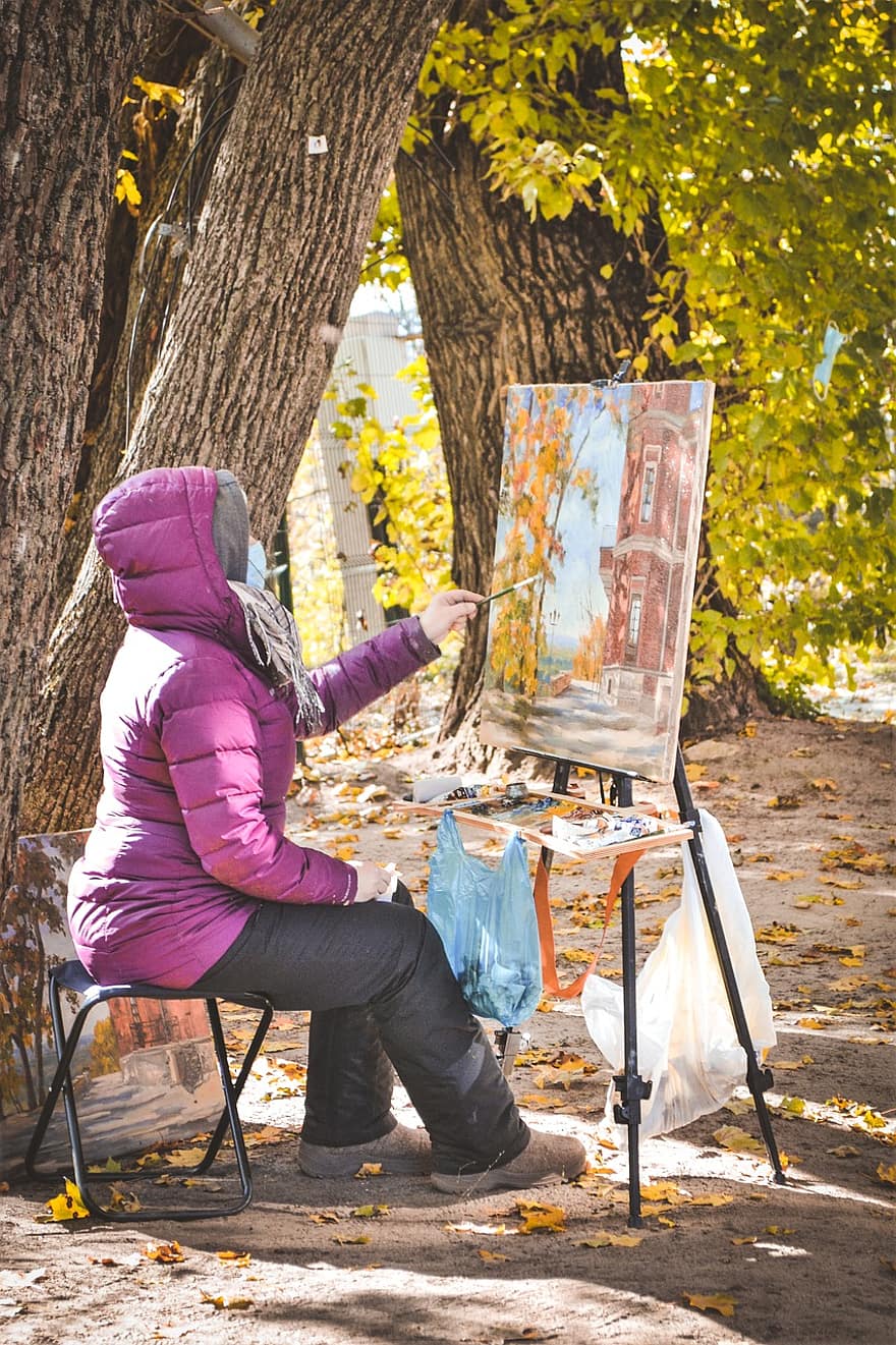 žena, talent, malování, kreslit, stojan, umělec, tvořivost, podzim, koníčky, štětec, strom