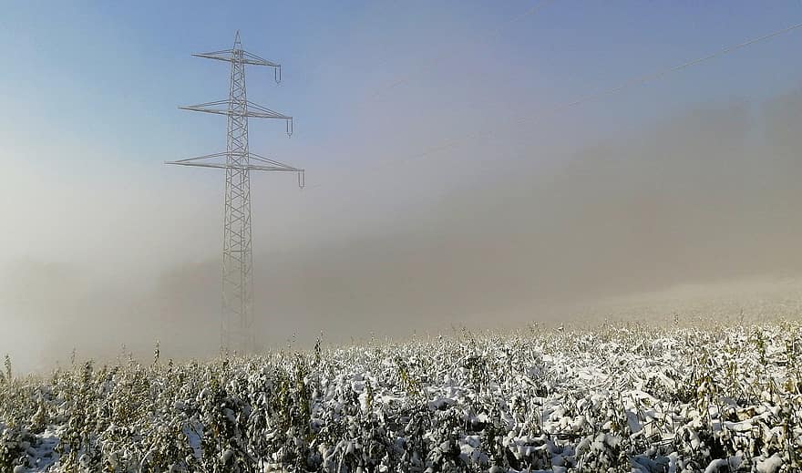 Transmission Tower, Snow, Fog, Pylon, Power Tower, Grass, Frozen, Frost, Cold, Wintry, Winter