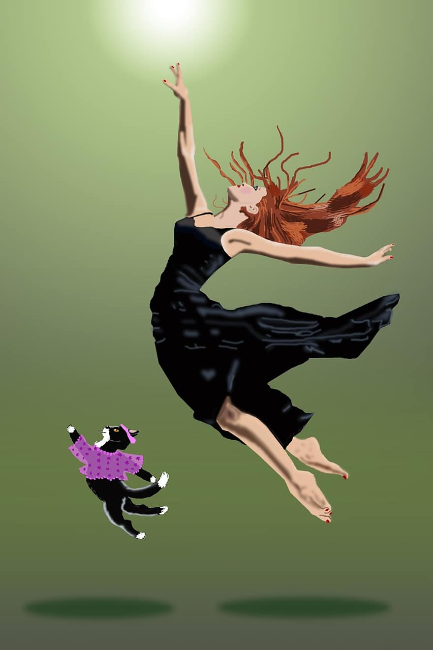 Piękna tańcząca kobieta, Tańczący kot, wydajność, szczęśliwy, zielony szczęśliwy, Zielone piękno, Zielony taniec