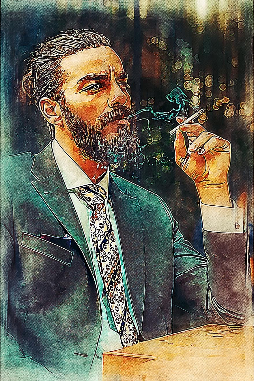мъж, мъжки, човек, портрет, пушач, цигара, брада, цифрова манипулация
