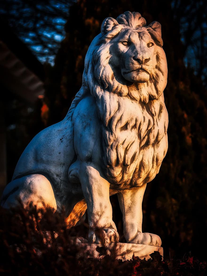 ライオン、像、彫刻、ポータル、誇らしげに、夕方の光、猫科、野生の動物、有名な場所、雄大な、宗教