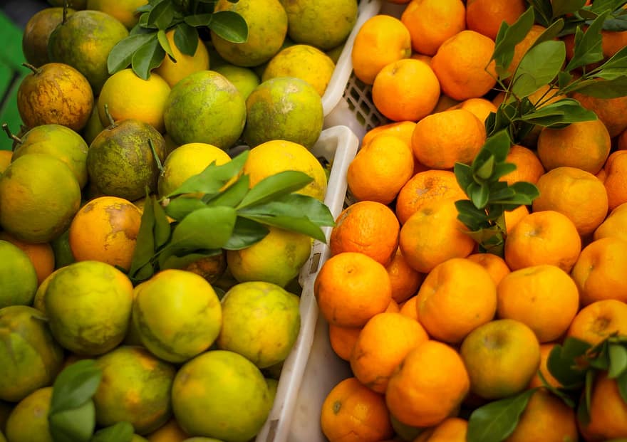 augļi, citrusaugļi, ražu, bioloģiski, ēdiens, tirgū, svaigumu, apelsīns, veselīga ēšana, dzeltens, zaļā krāsa