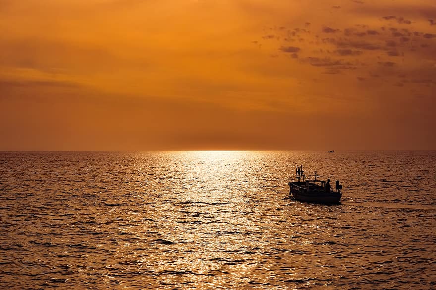 puesta de sol, mar, bote, silueta, viaje, Oceano, agua, horizonte, marina, cielo, cielo naranja