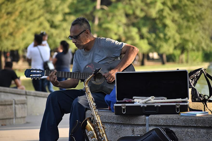 musicien de rue, artiste de rue, le trafic, la musique, musicien ambulant, spectacle de rue, parc, Houston