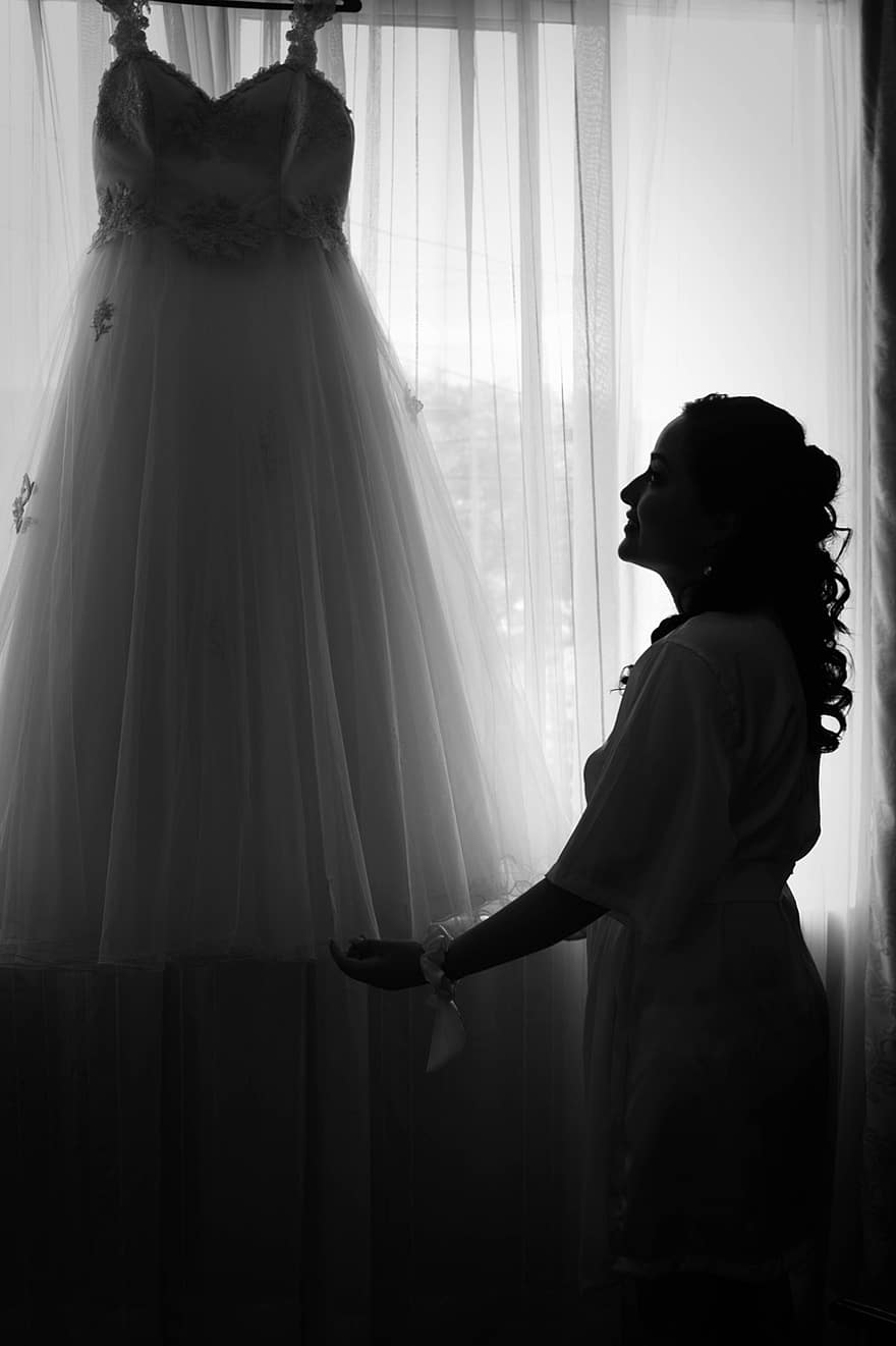 Vestuvės, vestuvių dieną, nuotaka, santuoka, juoda ir balta