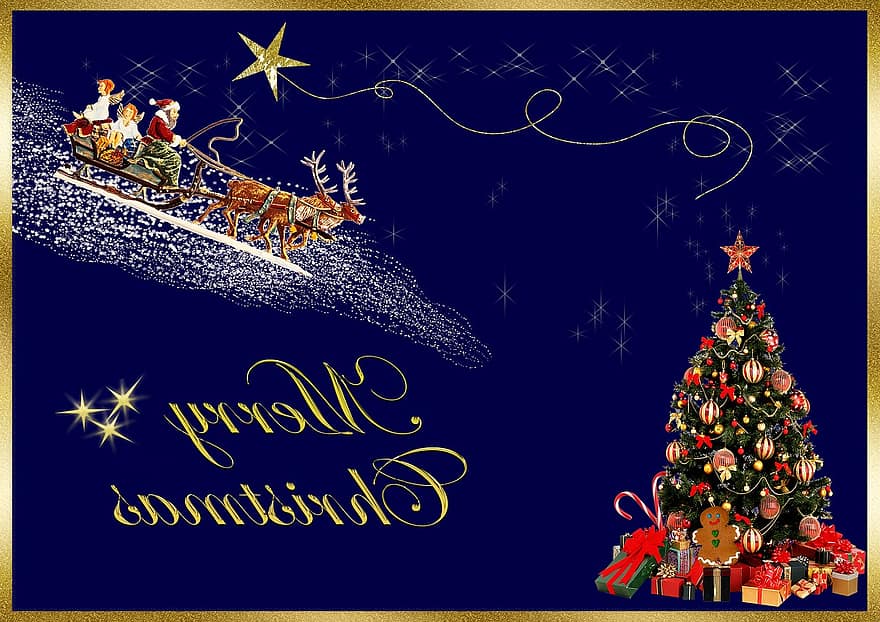 Ziemassvētku kartīte, Priecīgus Ziemassvētkus, Ziemassvētku sveiciens, zils, zelts, egle, slidkalniņš, zvaigzne, svētku, dekorēts, dāvanas
