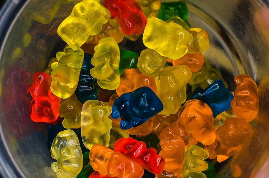 Candies, Gummy Bears, Sweets, multi colored, candy, backgrounds, close-up, sweet food, yellow, food, colors