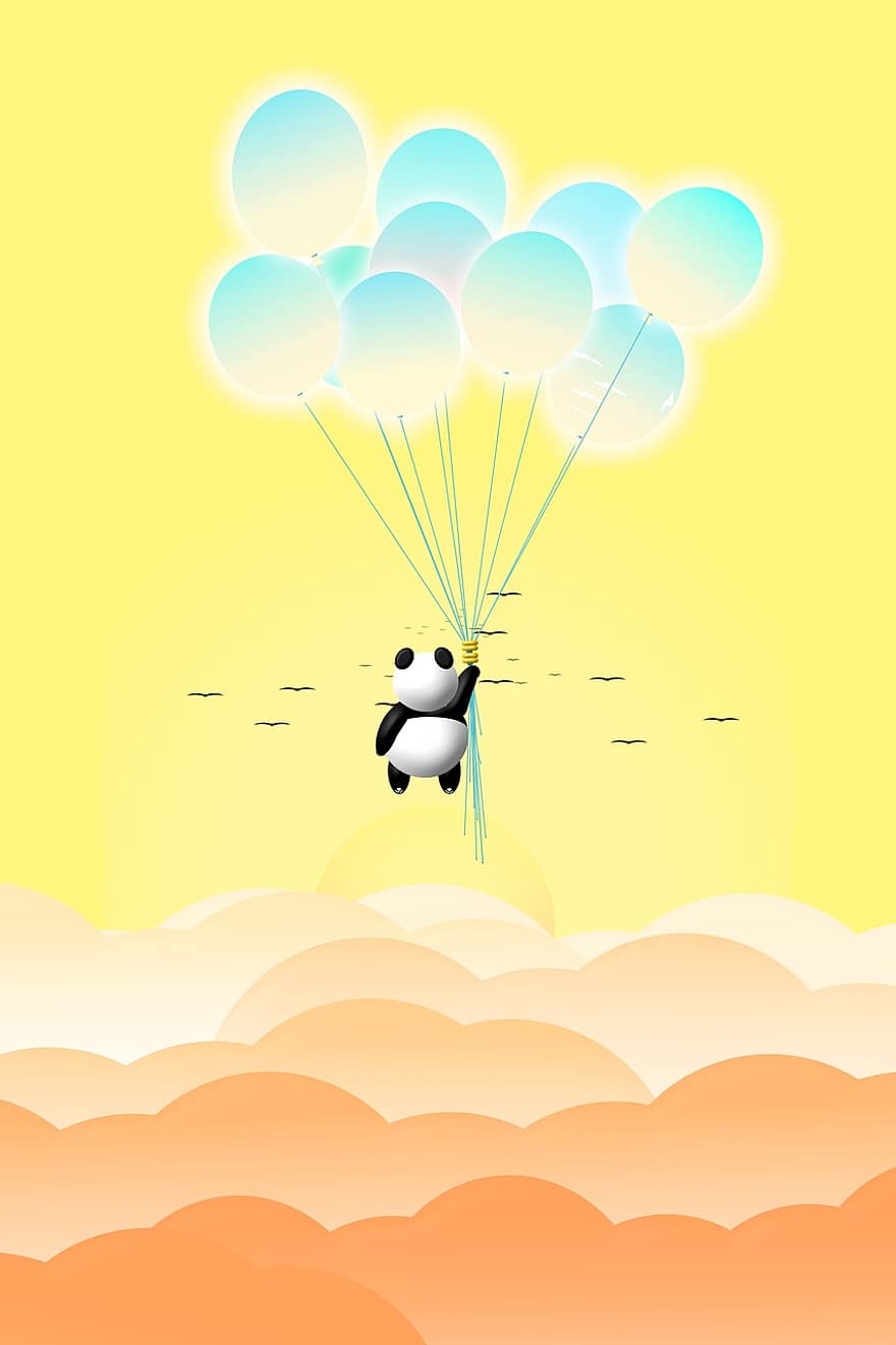 панда, ведмідь, повітряні кулі, хмари, птахів