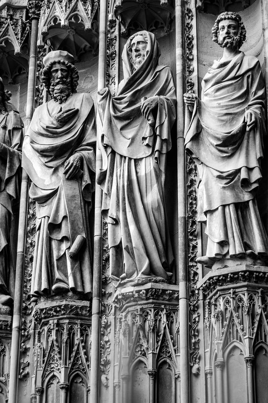 strasbourg, katedrāle, skulptūras, kristietība, reliģiju, arhitektūra, slavenā vieta, katolicisms, statuja, melns un balts, kultūras