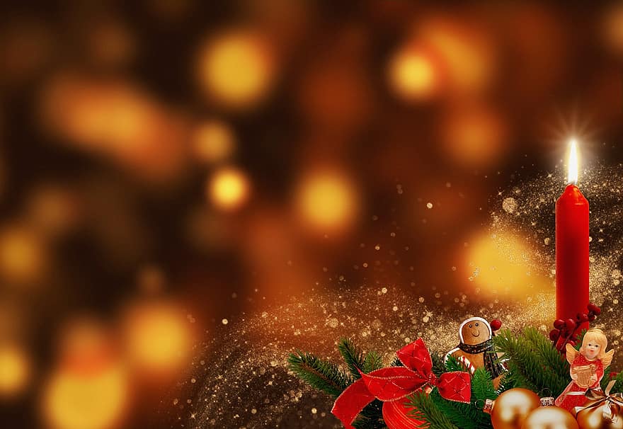 luz de velas, brilhar, Natal, anjo, Pão de gengibre, bokeh, fundo, época de Natal, Decoração de Natal, cartão de Natal, abeto verde
