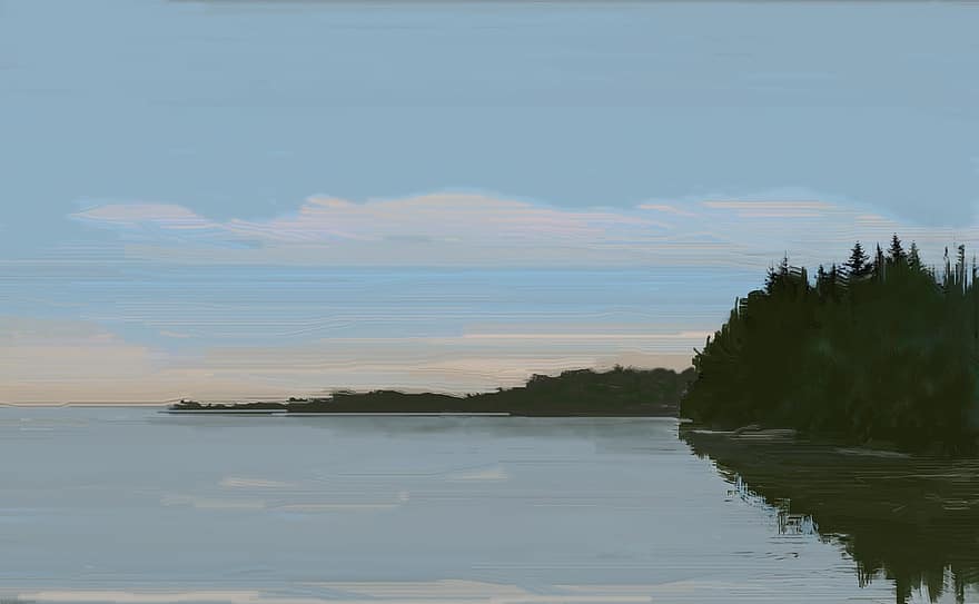 pintura, llac, al matí, aigua, paisatge