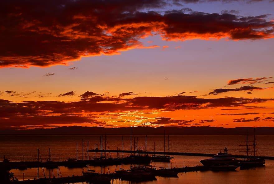 Barche, mare, tramonto, porta, acqua, cielo, nuvole, crepuscolo, paesaggio marino, Salonicco