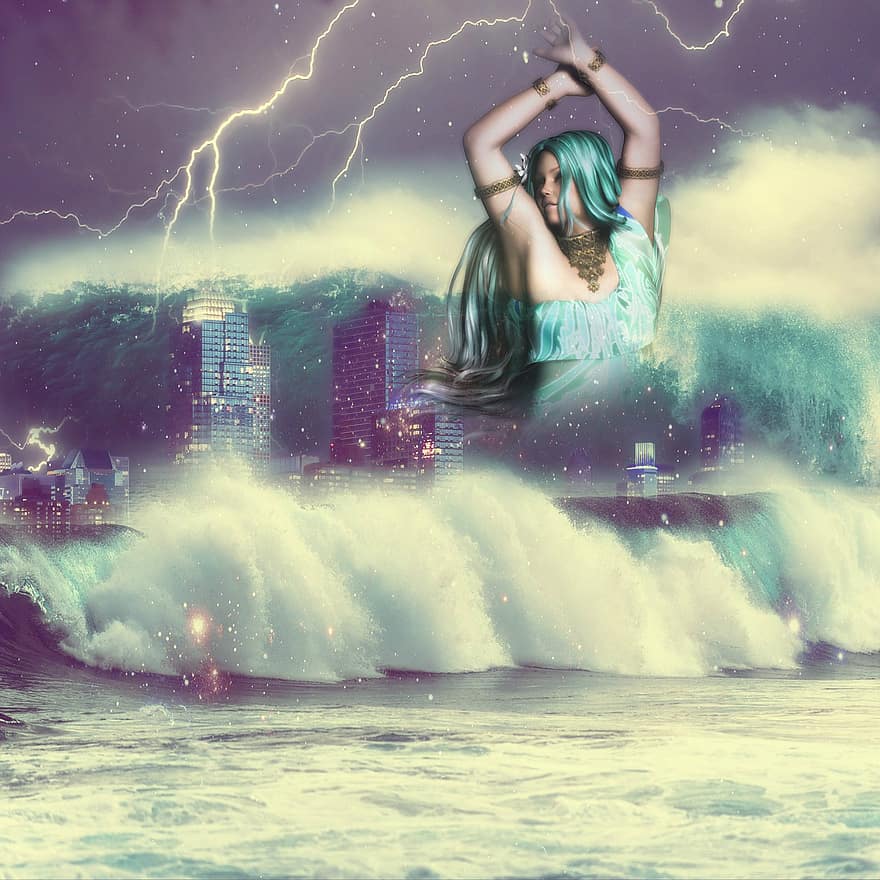 mare, clădire, femeie, distrugere, mareelor, val, de coastă, furtună, fulger, cer, plajă