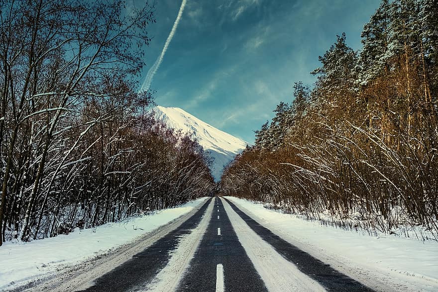 hivern, neu, carretera, bosc, paisatge, naturalesa, Camí, muntanya, blau, arbre, viatjar