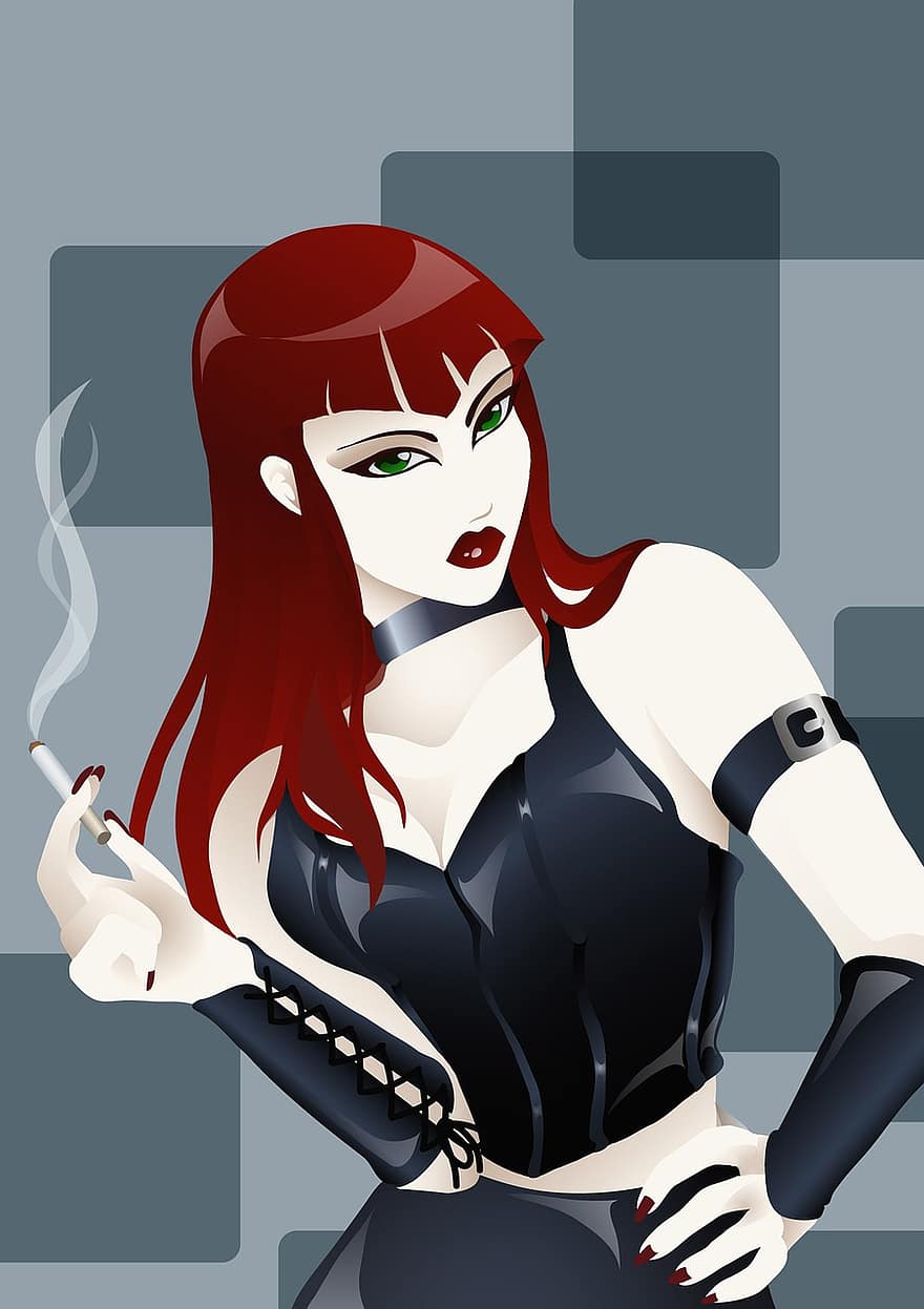 skisse, fiktiv karakter, kvinne, sigarett