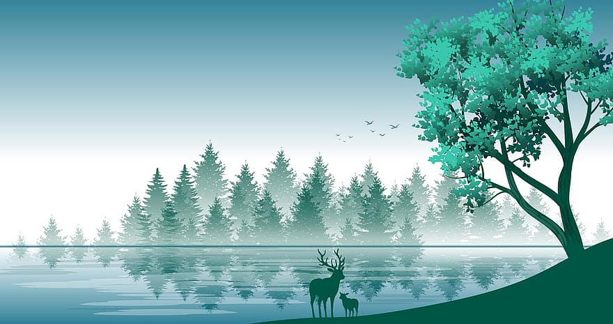 illustration, baggrund, landskab, natur, planter, træer, dyr, sø, rio, vand, hjort