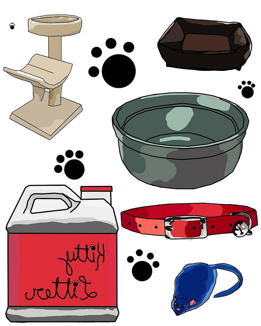 кошка, котенок, постель, дерево, Китти, мусор, воротник, миска, игрушка, мышь, клип