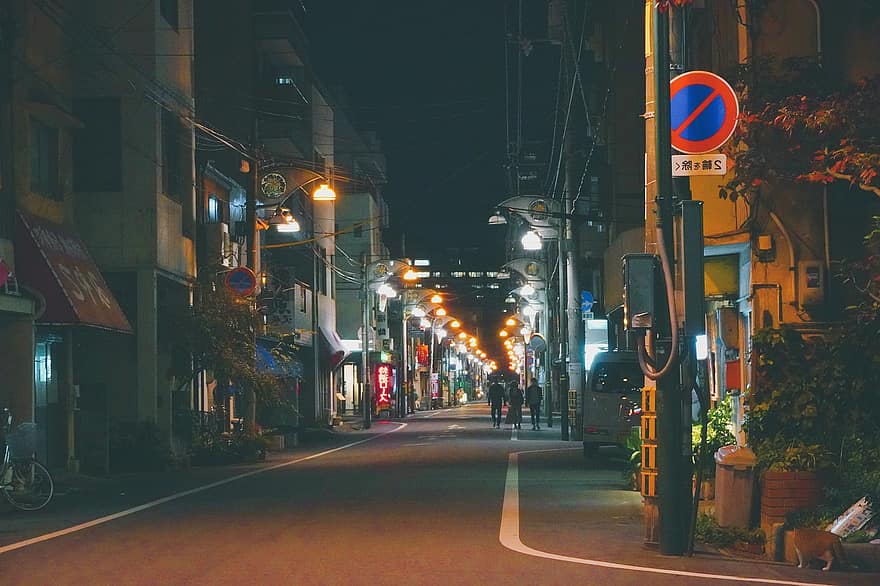 by, gade, japan, nat, byliv, Trafik, gadebelysning, skumring, belyst, arkitektur, bybilledet
