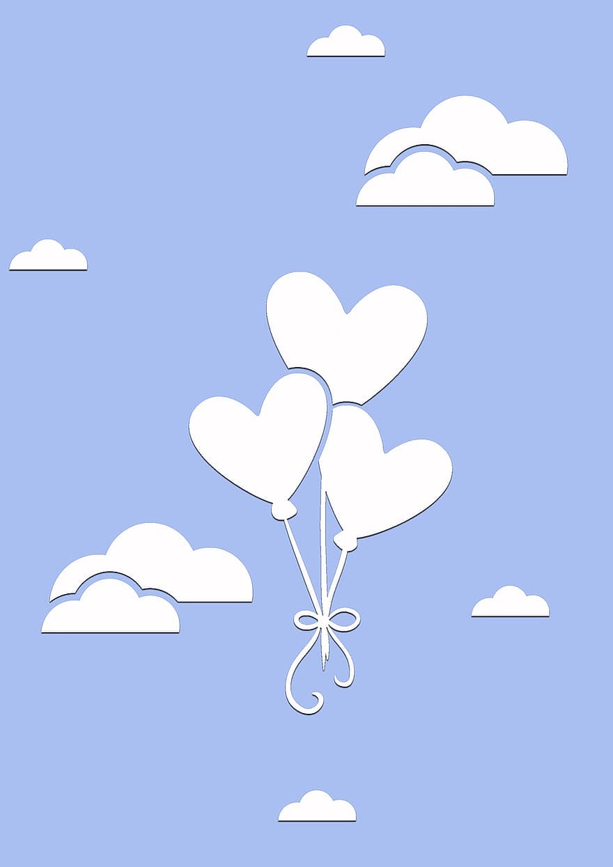 雲、空、気球、心臓、青、飛行、雲の形、フライト、浮く、気持ち、愛情
