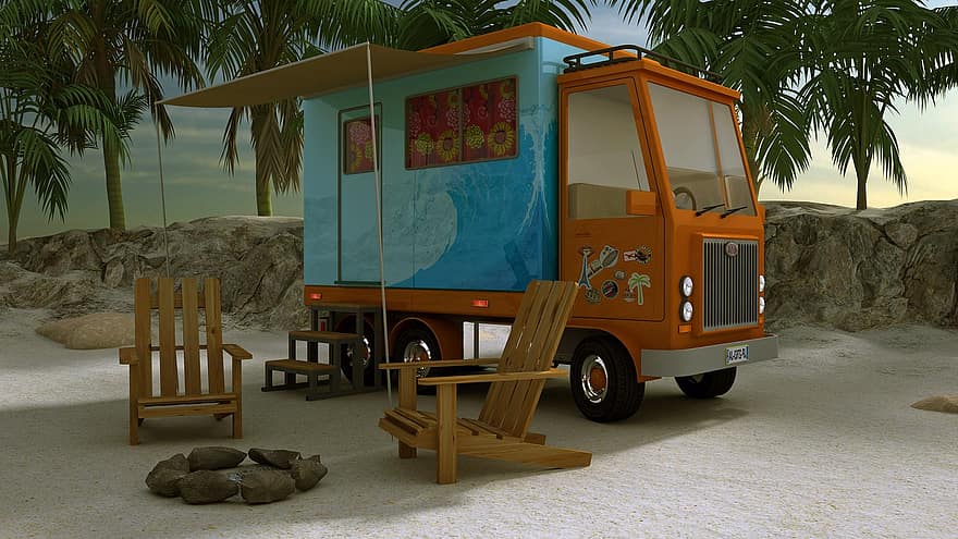 campeggio, palme, spiaggia, sabbia, veicolo, avventura, 3d, vacanza, viaggio, mezzi di trasporto, veicolo terrestre