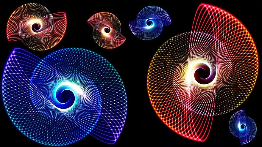 spiraler, snegle, matematisk, baggrund, farverig, abstrakt, farve, blå, rød, design, lys