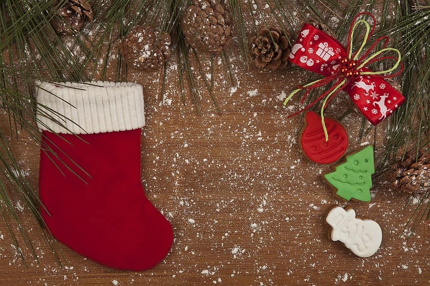 slapukai, Kalėdos, saldus, kojinės, plokščia, šventė, dovanos, sniegas, apdaila, sezoną, mediena