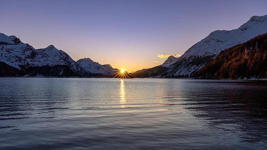 naturaleza, lago, puesta de sol, al aire libre, viaje, exploración, lago de montaña, lago sils