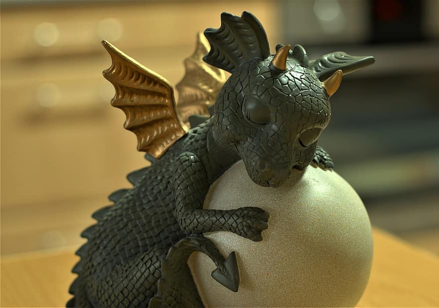 Dragon With Egg, Sleeping, Funny, Decoration, Figure, Isolated, Deco, Wing, Gold, Face, Tail