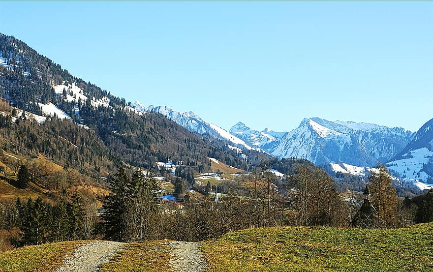 munţi, cale, în aer liber, februarie, Grandvillard, perspectivă, natură, Munte, zăpadă, peisaj, pădure